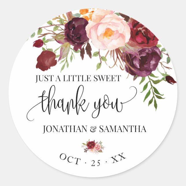 Marsala floral boho chic wedding thank you classic round sticker (Front)