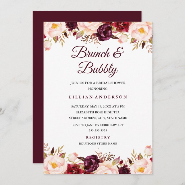 Marsala Floral Brunch And Bubbly Bridal Shower Invitation (Front/Back)