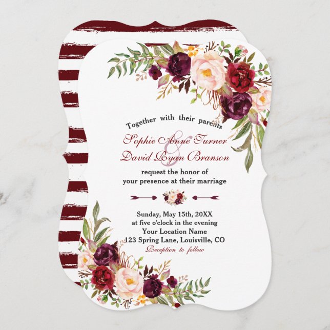Marsala Floral Burgundy Stripes Wedding Invitation (Front/Back)