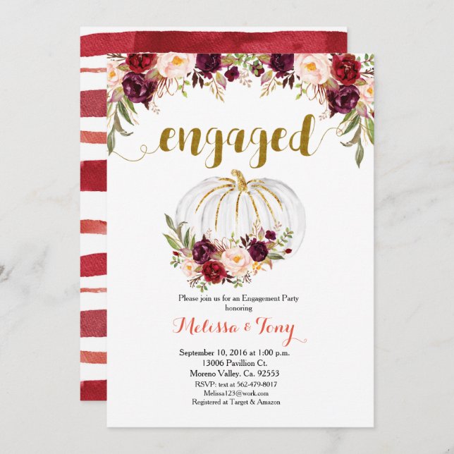 Marsala Floral Gold Glitter engagement party Invitation (Front/Back)