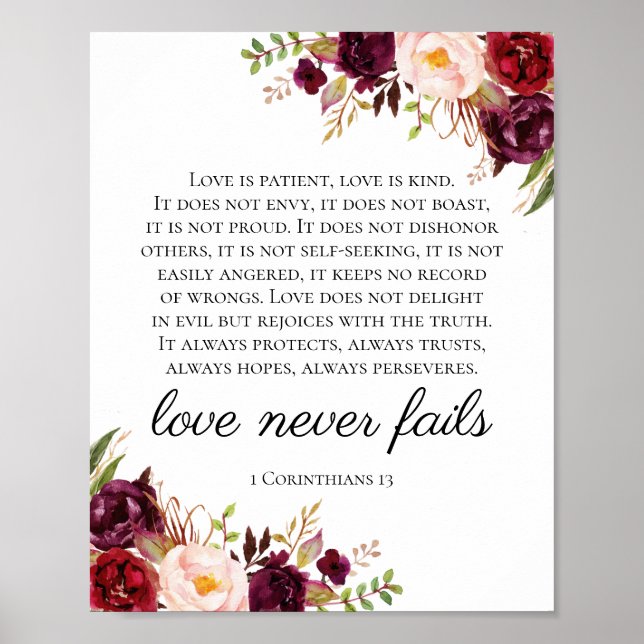 Marsala Floral Love Never Fails 1 Corinthians Sign (Front)
