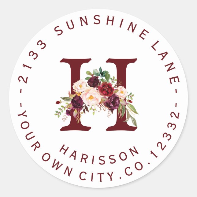 Marsala Floral Monogram Circular Address Label (Front)