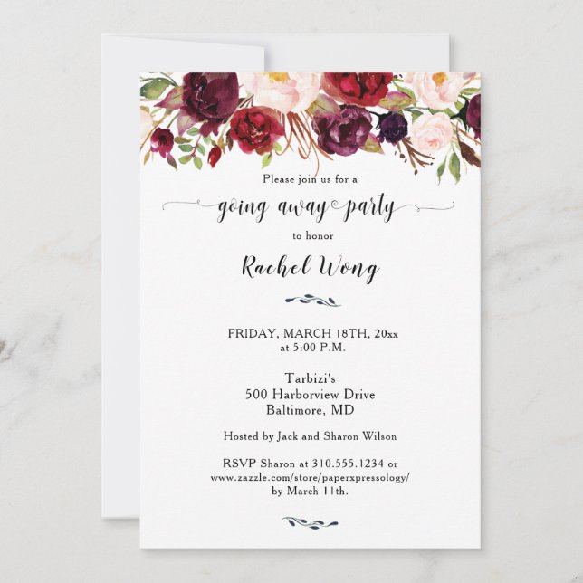 Marsala Floral Moving Going Away Party Photo Invitation (Front)