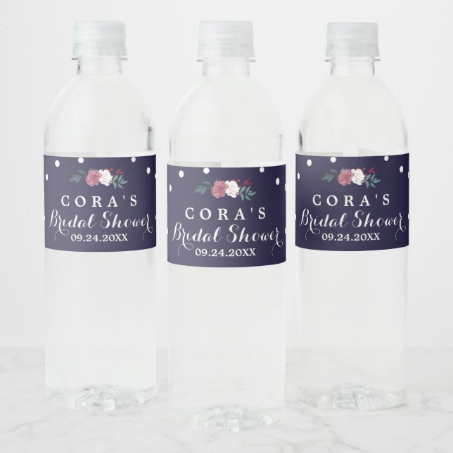 Marsala Floral Navy and Confetti Bridal Shower Water Bottle Label (Bottles)