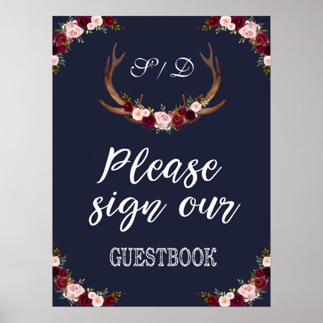 Marsala Floral Navy Blue Sign Our Guestbook Sign (Front)