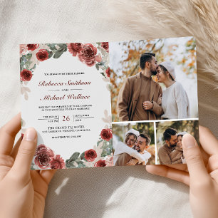 Marsala Floral Photo Collage QR Code Wedding Invitation