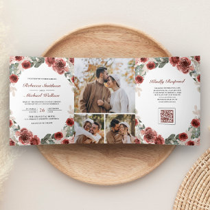 Marsala Floral Photo Collage QR Code Wedding Tri-Fold Invitation