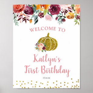 Marsala Floral Pumpkin Birthday Welcome Sign