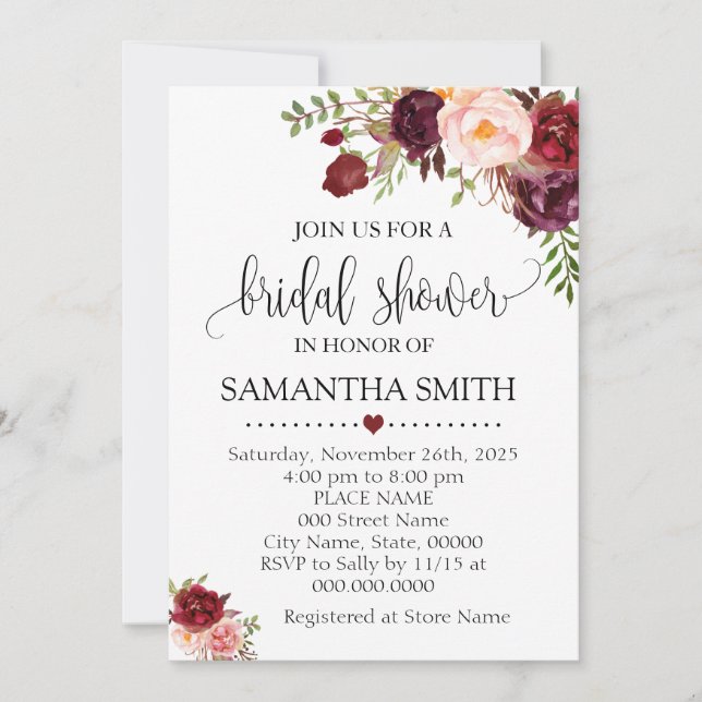 Marsala Floral Romantic Boho Chic Bridal Shower Invitation (Front)