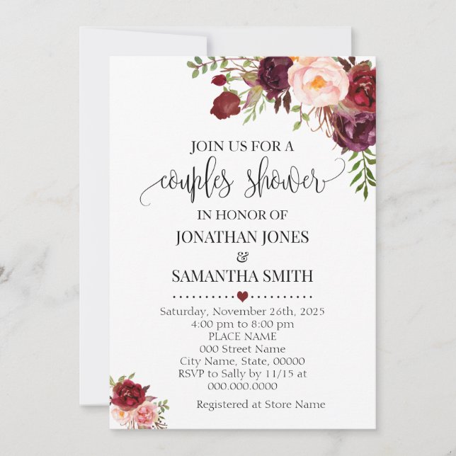 Marsala Floral Romantic Boho Chic Couple Shower Invitation (Front)