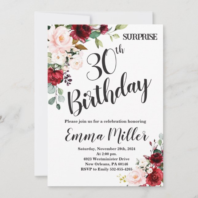 Marsala Floral Surprise 30th Birthday Invitation (Front)