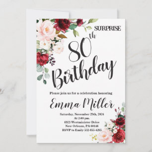 Marsala Floral Surprise 80th Birthday Invitation