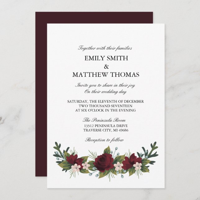 Marsala Floral Winter Wedding Invite (Front/Back)
