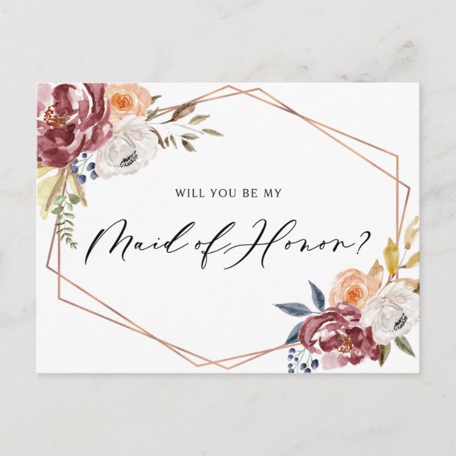 Marsala Flowers Geometric Be My Maid of Honour Car Invitation Postcard (Front)