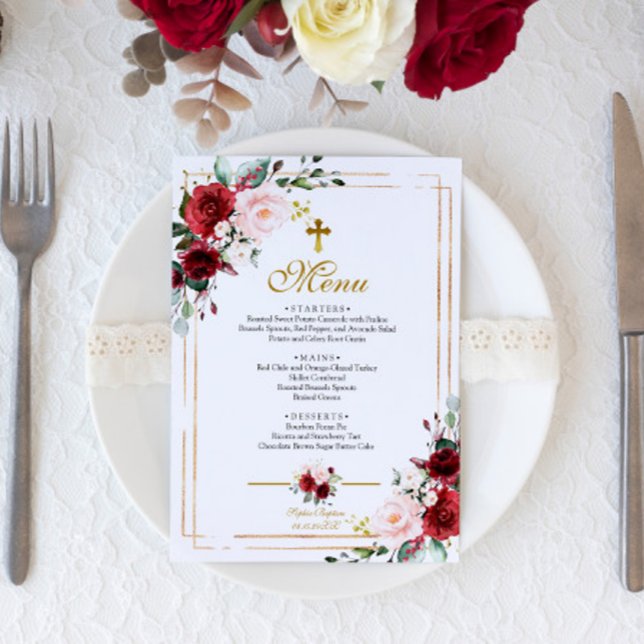 Marsala Flowers & Gold Frame Baptism Menu (Creator Uploaded)