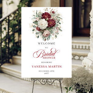 Marsala Flowers Greenery Gold Bridal Welcome Sign