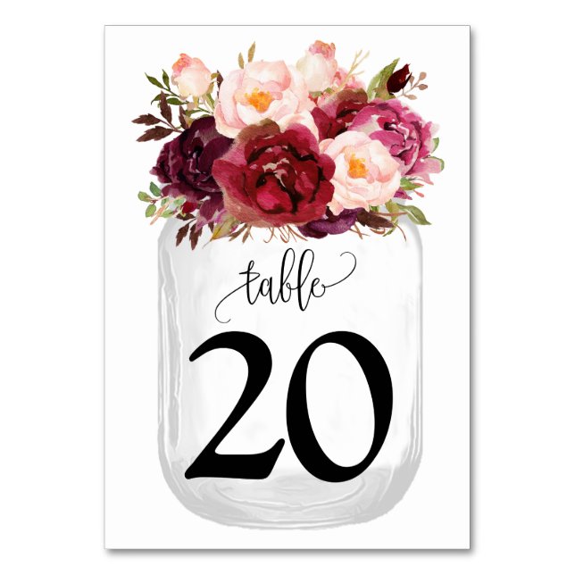 Marsala Flowers Mason Jar Country Wedding Table Number (Front)