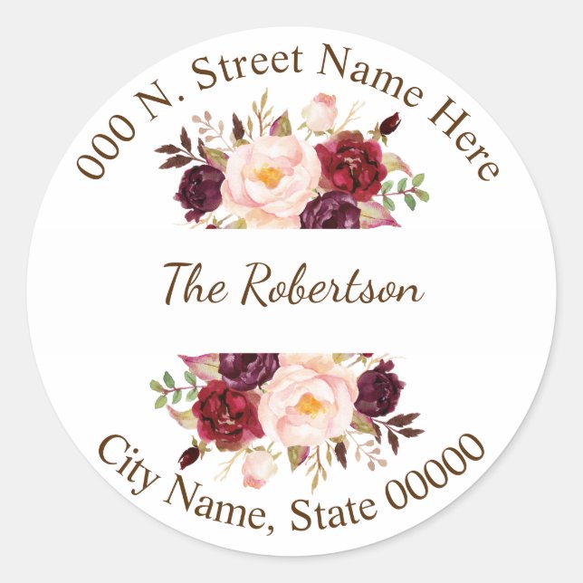 Marsala Flowers Return Address Classic Round Sticker (Front)