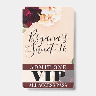 Marsala Flowers & String Lights Sweet 16 VIP Pass ID Badge