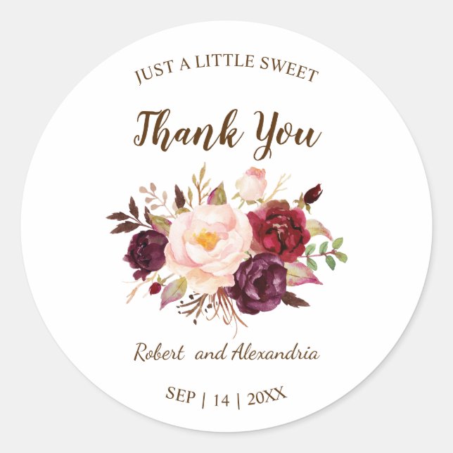 Marsala Flowers Sweet Treat Wedding Thank You Classic Round Sticker (Front)