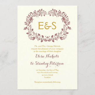 Marsala foliage wreath frame with initials wedding invitation