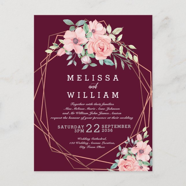 Marsala Geometric Copper Floral Wedding Invitation Postcard (Front)