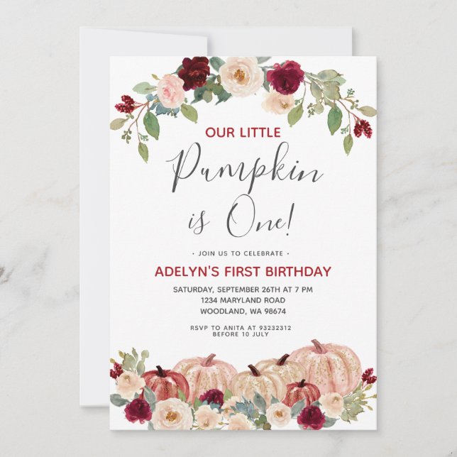 Marsala Gold Glitter Fall 1st Birthday Invitation (Front)