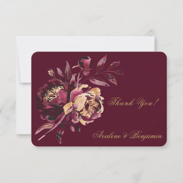 Marsala Gold Painted Peony Wedding Thank you Card (Front)