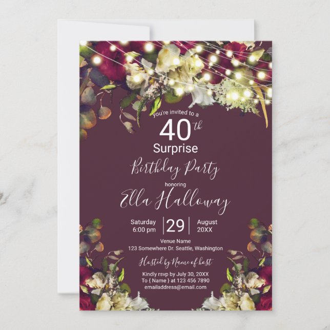 Marsala & Ivory Roses 40th Surprise Party Invitation (Front)