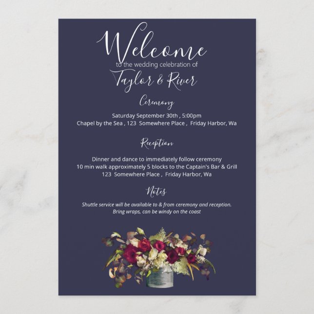 Marsala & Ivory Watercolor Roses | Navy Programme (Front)
