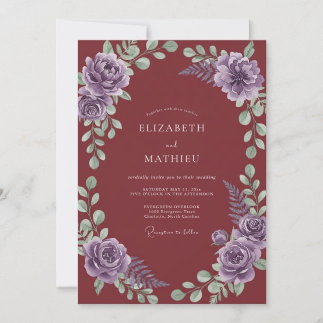 Marsala Lavender Watercolor Wedding Invitation (Front)