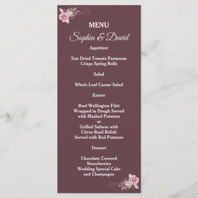 Marsala Maroon Boho Floral Wedding Menu (Front)