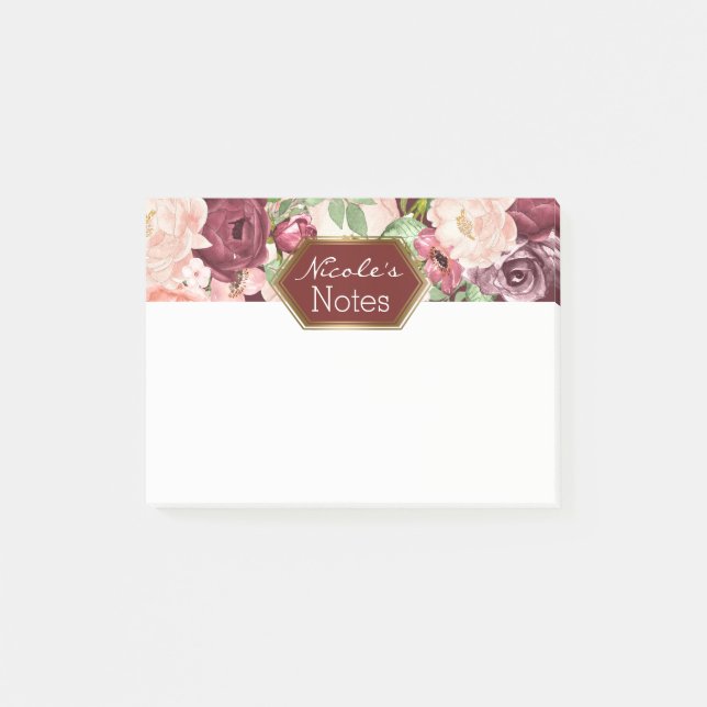 Marsala Maroon Burgundy Rustic Floral Personalised Post-it Notes (Front)