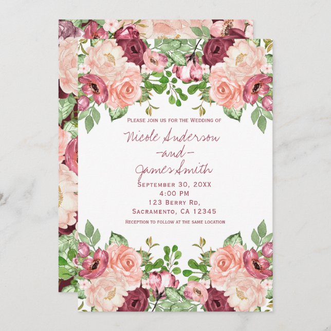 Marsala Maroon Burgundy Rustic Floral Wedding Invitation (Front/Back)