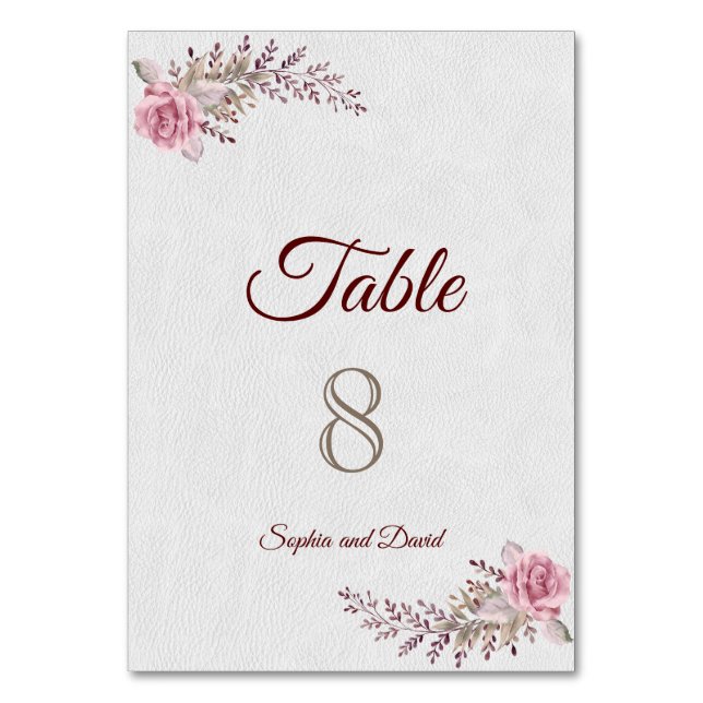 Marsala Maroon Floral Watercolor TABLE NUMBER (Front)