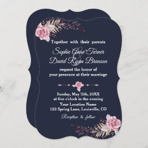 Marsala Maroon Navy Floral Watercolor Wedding Invitation