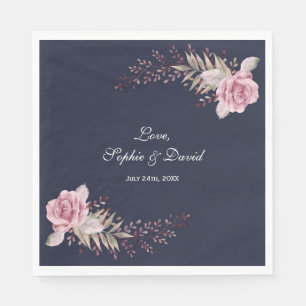 Marsala Maroon Navy Floral Watercolor Wedding Napkin