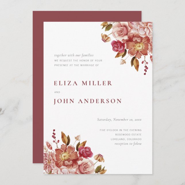 Marsala Modern Rustic Watercolor Floral Wedding Invitation (Front/Back)