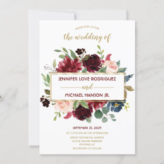 Marsala Navy Blue Gold Floral Bouquet Wedding Invitation