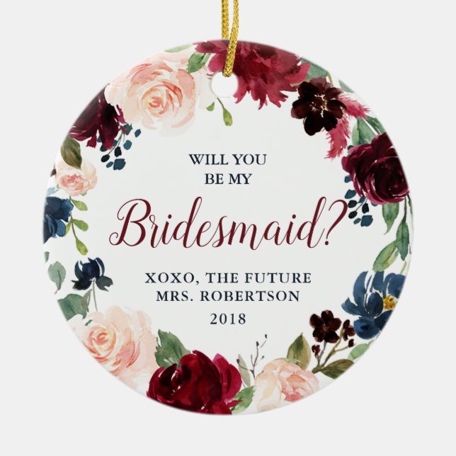 Marsala & Navy Floral Bridesmaid Proposal Custom Ceramic Tree Decoration (Front)