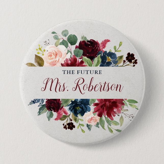 Marsala & Navy Floral Personalised Future Mrs 7.5 Cm Round Badge (Front)