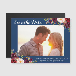 Marsala & Navy Floral Photo Save The Date Magnet