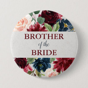 Marsala & Navy Floral Shabby Chic Brother of Bride 7.5 Cm Round Badge