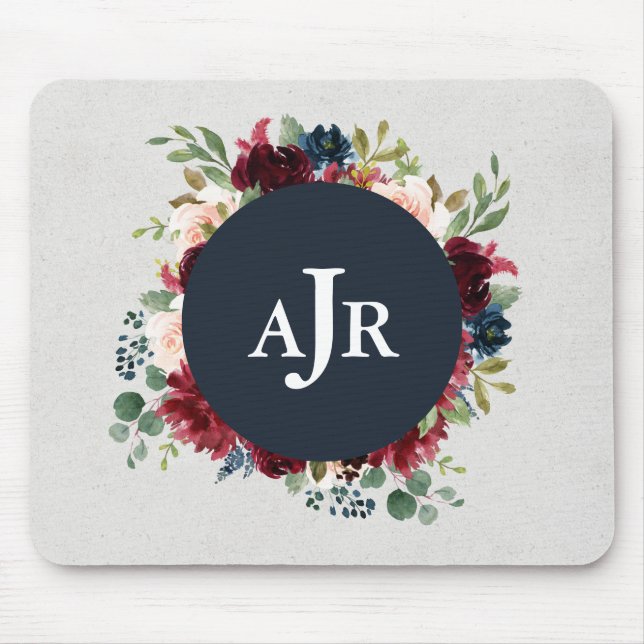 Marsala & Navy Floral Shabby Chic Monogrammed Mouse Pad (Front)