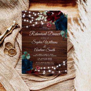 Marsala & Navy Flower Rustic Wood Rehearsal Dinner Invitation