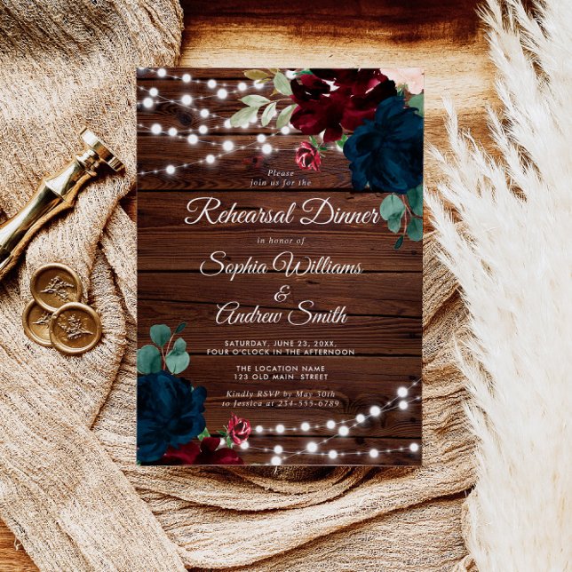 Marsala & Navy Flower Rustic Wood Rehearsal Dinner Invitation (Creator Uploaded)