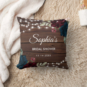 Marsala & Navy Flowers Rustic Bridal Shower Cushion