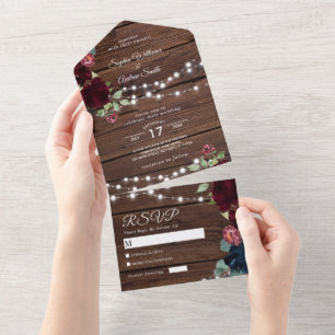 Marsala & Navy Flowers Rustic Wedding All In One Invitation