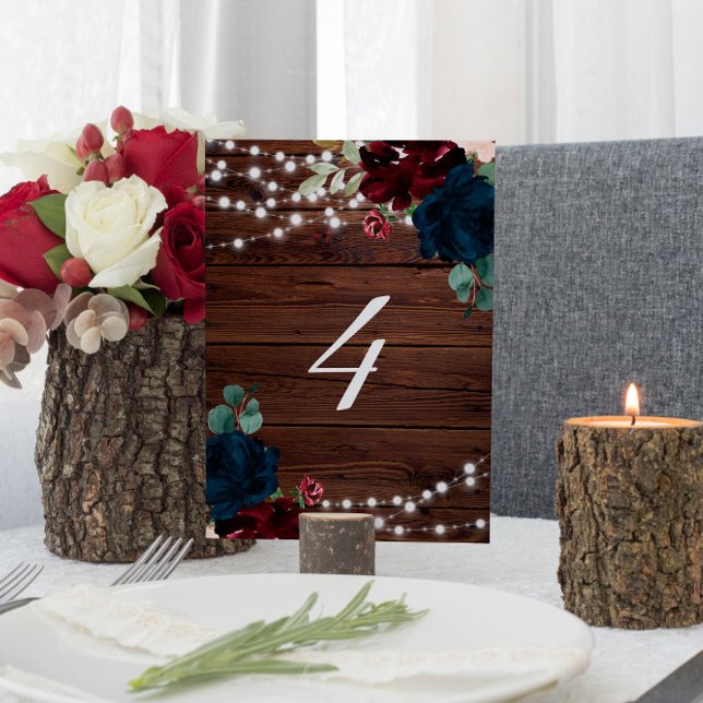 Marsala & Navy Flowers Rustic Wood Table 4 Wedding Table Number (Creator Uploaded)