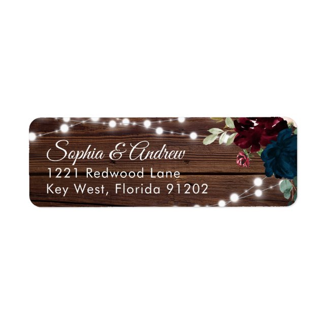 Marsala & Navy Flowers Rustic Wood Wedding Address (Front)